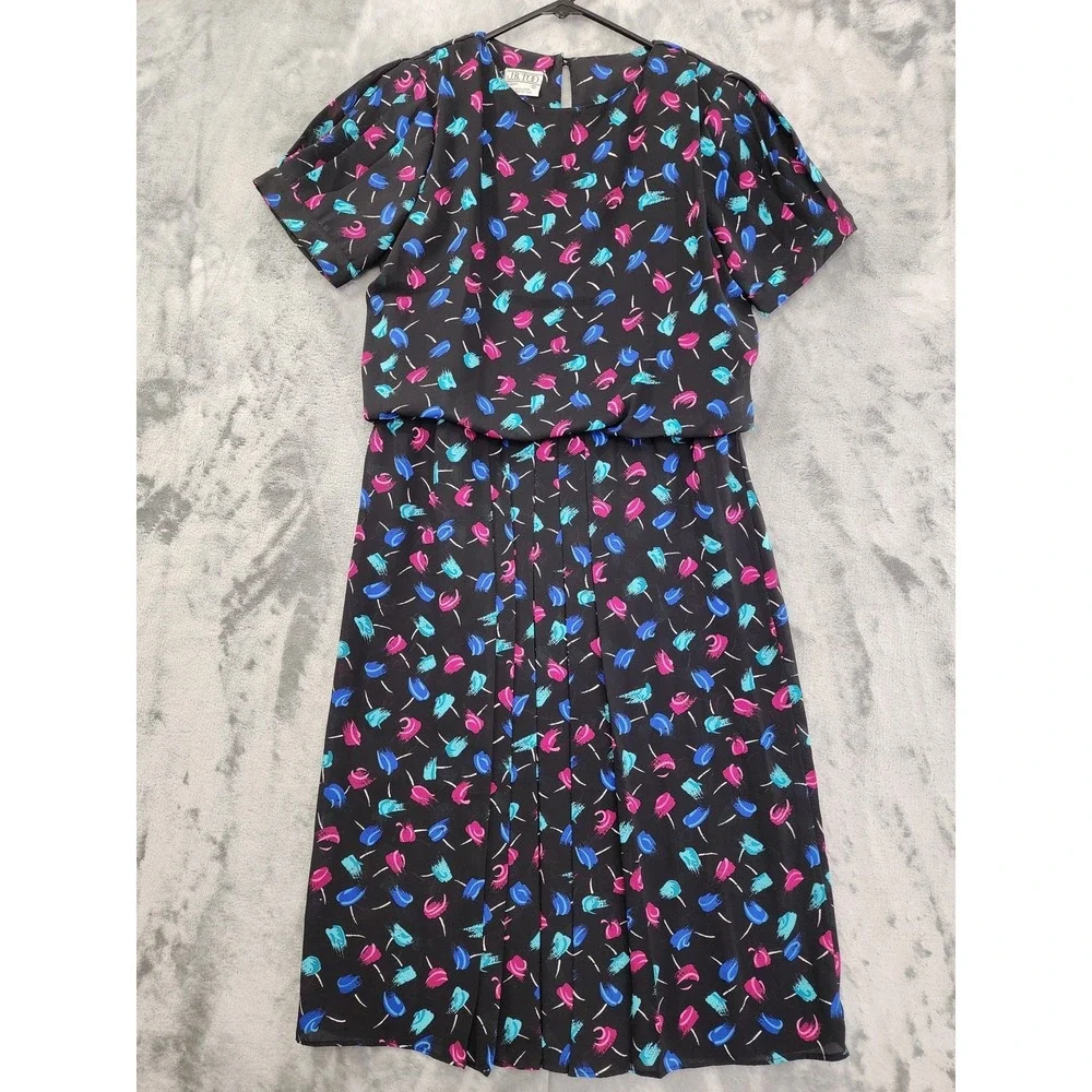 Vintage JB Too Dress‎ Womens 8 Black Abstract Floral Blouson Pleated Preppy 80s
